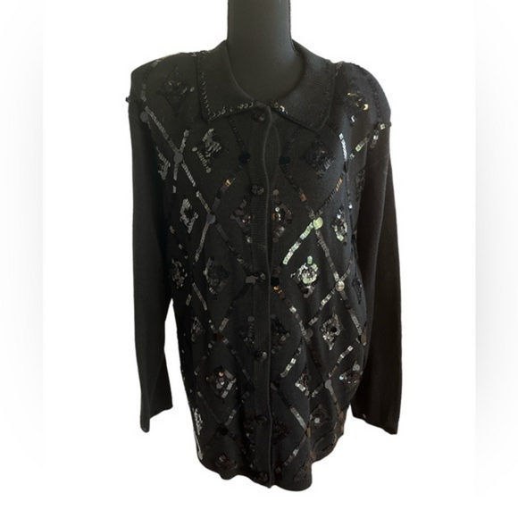 Fitting Image Black Button Down Cardigan‎ with Black Sequins | Size 14-16 - Picture 1 of 7